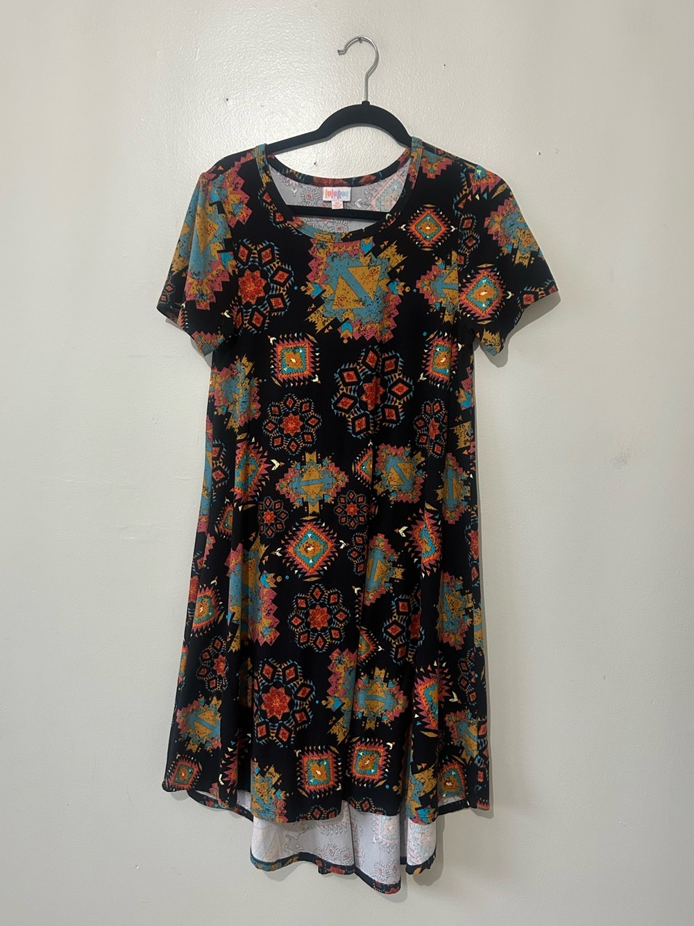 LULAROE | Black High-Low Dress with Teal and Orange Geometric Print, Size XS